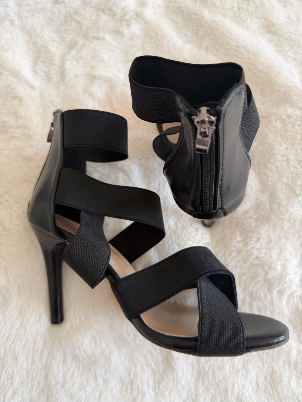 Black Strappy Elastic High Heel Sandals